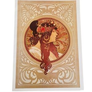 Vintage 1970s Alphonse Mucha La Brunette 11"x 15" Poster